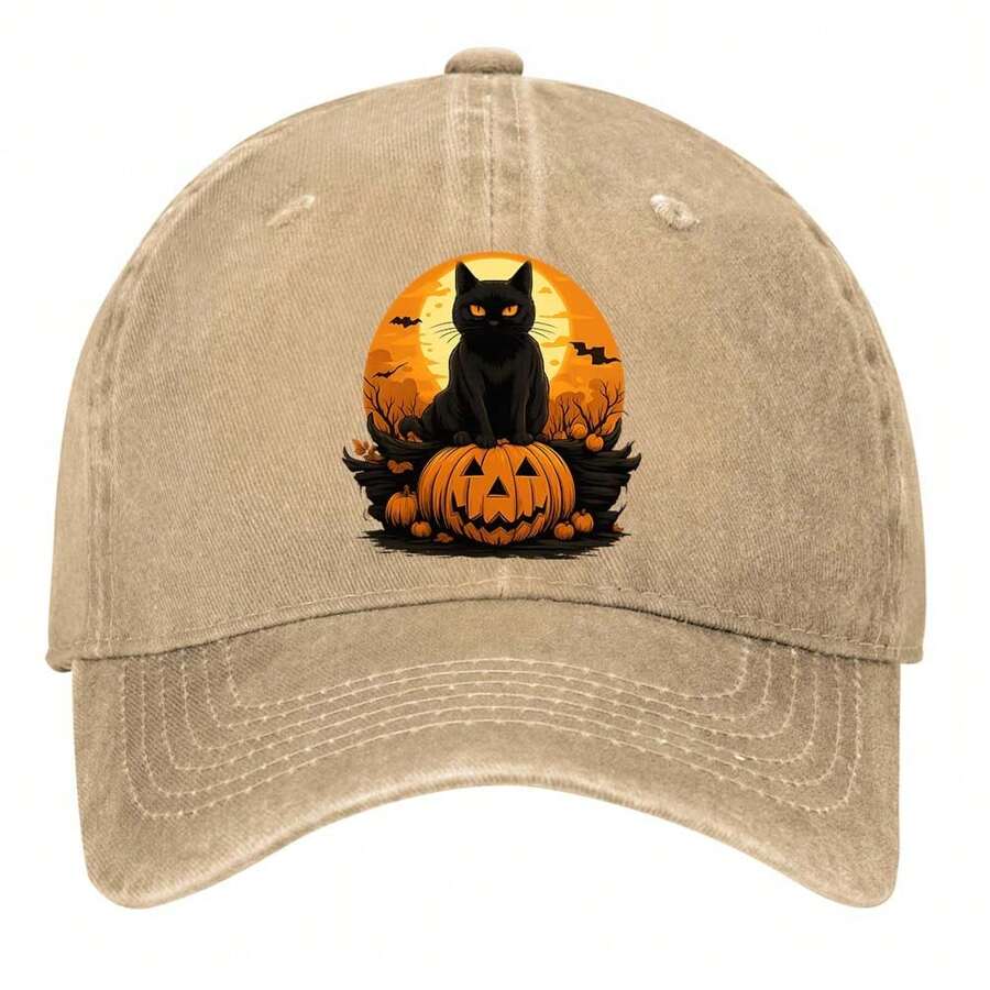 Black Cat And Jack-O'-Lantern In A Spooky Halloween Scene Hats Vintage Washed Baseball Cap - 卡其色 - 查看 1