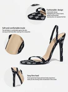 女士圆头纯色印花绑带踝带细高跟凉鞋，优雅时尚派对黑色高跟鞋，适合所有季节 - 黑色 - 查看 5