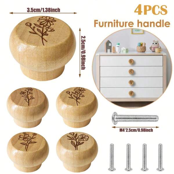 4pcs Handcrafted Wood Floral Knobs - Unique Engraved Design For Dresser & Kitchen Cabinets, Single Hole Drawer Pulls With Screws Included