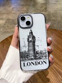 Étui de téléphone transparent au style minimaliste avec motif dessiné à la main du monument emblématique de Londres, le Big Ben, et le slogan "LONDON". Étui de protection transparent en TPU souple avec bordure noire, caractéristique de la ville de Londres. Compatible avec 13, 15, 16 Pro Max, 16, 14, 16 Plus. Étanche, antichoc, anti-chute et résistant aux rayures.