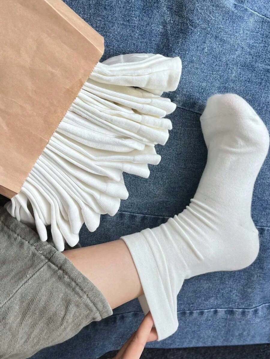 5/10/20 Pairs Women's Solid White Soft Comfortable Mid-Calf Socks, Suitable For Daily, Outdoor, Casual, Sports Matching With Loafers, Sneakers, All Seasons - White - View 1