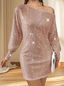 Women's Off One Shoulder Sequined Dress Slim Fit Stylish Sparkly Long Sleeve Mini Bodycon Dress - 粉色 - 查看 6
