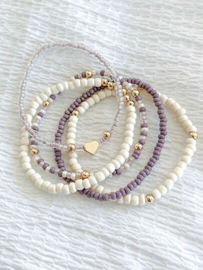 5 Peças Conjunto de Pulseiras Elásticas Empilháveis Decorativas em Formato de Coração Feitas à Mão com Mini Contas, Joias para Praia, Festa e Amizade