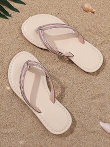 1 双加大码女童时尚拖鞋，柔软亮面 PU 材质，浪漫水钻装饰，圆头人字拖，适合女学生休闲、沙滩、派对、夏季 - 粉色 - 查看 5