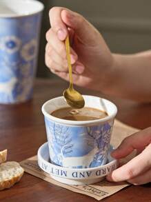 1 pieza Juego de taza de café de cerámica vintage azul y blanco, taza con asa de alta gama y exquisita, taza de oficina de gran capacidad, taza con asa de cerámica de la serie de gatos azul y blanco con tapa, taza para leche y té