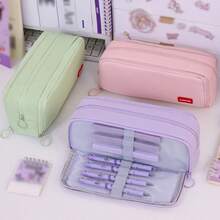 1 قطعة حقيبة يد نسائية جديدة بلون أحادي من مادة الأكسفورد ذات ثلاثة سحابات، حقيبة أقلام للطلاب للاستخدام اليومي في المدرسة