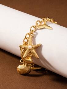 1 件合金海马、贝壳、美人鱼吊坠手链，时尚珠宝适合日常佩戴和度假，送给朋友的礼物 - 金色 - 查看 3