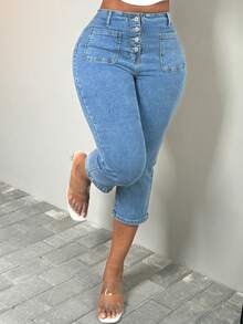 Women's Slim Fit Jeans - 7 Point Long Skinny Jeans Are Comfortable And Casual For Everyday Wear. - 中等水洗藍 - 查看 5