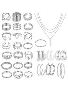 68/58/35 Pieces Vintage Elegant And Delicate Faux Pearl, Bow, Star, Moon, Rhinestone, Wide Brass Hoop, Snake Bone Chain, Twisted Chain, Geometric Wide C-Shaped Earrings, Earring Clips, Necklace, Bracelet Jewelry Set For Holiday, Party, Date - 銀色 - 查看 9