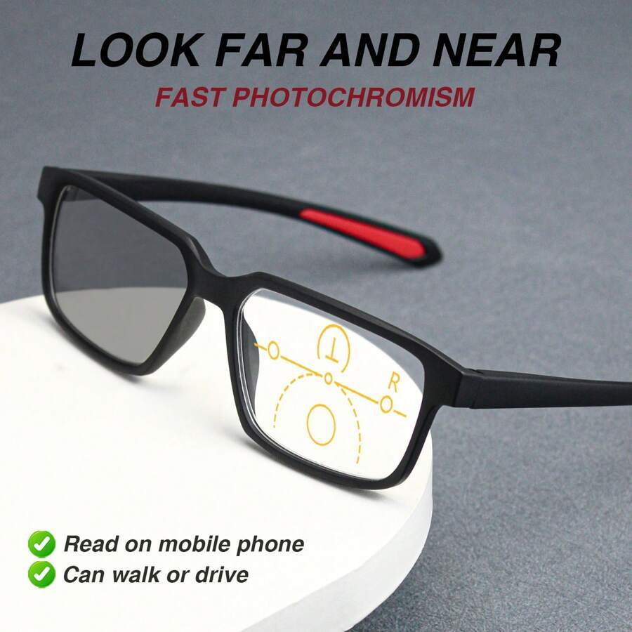 1pc Sports-Style Photochromic Multifocal Reading Glasses, 2-In-1 Progressive Lenses With Light-Sensitive Tint, Ultra-Light Frame With Contrast Color Non-Slip Temples, Suitable For Indoor/Outdoor, Office & Leisure Reading - Black and Red - View 1