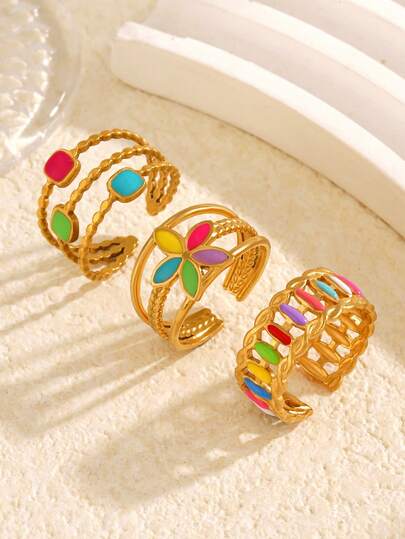 3 件套不锈钢简约彩色珐琅几何花朵开口戒指套装，适合女性日常和节日佩戴