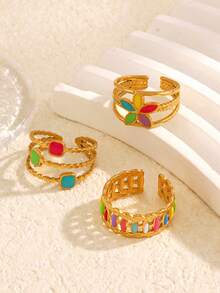 3pcs/Set Stainless Steel Minimalist Colorful Enamel Geometric Flower Open Ring Set, Suitable For Women Daily & Festival Wear - Colorful - View 2