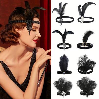Vintage Feather Headbands Collection For Jazz Era Party | Black Feather With Rhinestone Design, Suitable For Ball Scenes, Unlock The Glittering Style Of A Century Ago Halloween