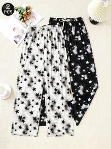 Dwuczęściowy damski komplet piżamowy z nadrukiem w gwiazdy – spodnie dresowe ze ściągaczem w pasie, ubrania na jesień