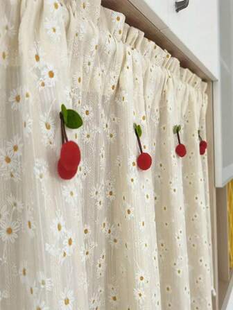 1 st. Frans landelijk madeliefjes- en kersenprint kort gordijn - roedezak lichtgewicht polyester met pompondecoratie, voor keuken, veranda en kastramen, wasbaar, wit bloemenpatroon