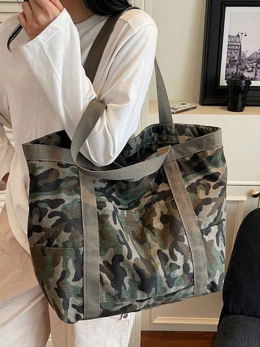 1 件女士迷彩绿色托特包，休闲大容量单肩包，多口袋帆布包，时尚购物袋，学院风大学生书包，适合日常通勤、短途旅行、露营，拉链开合，实用，可折叠