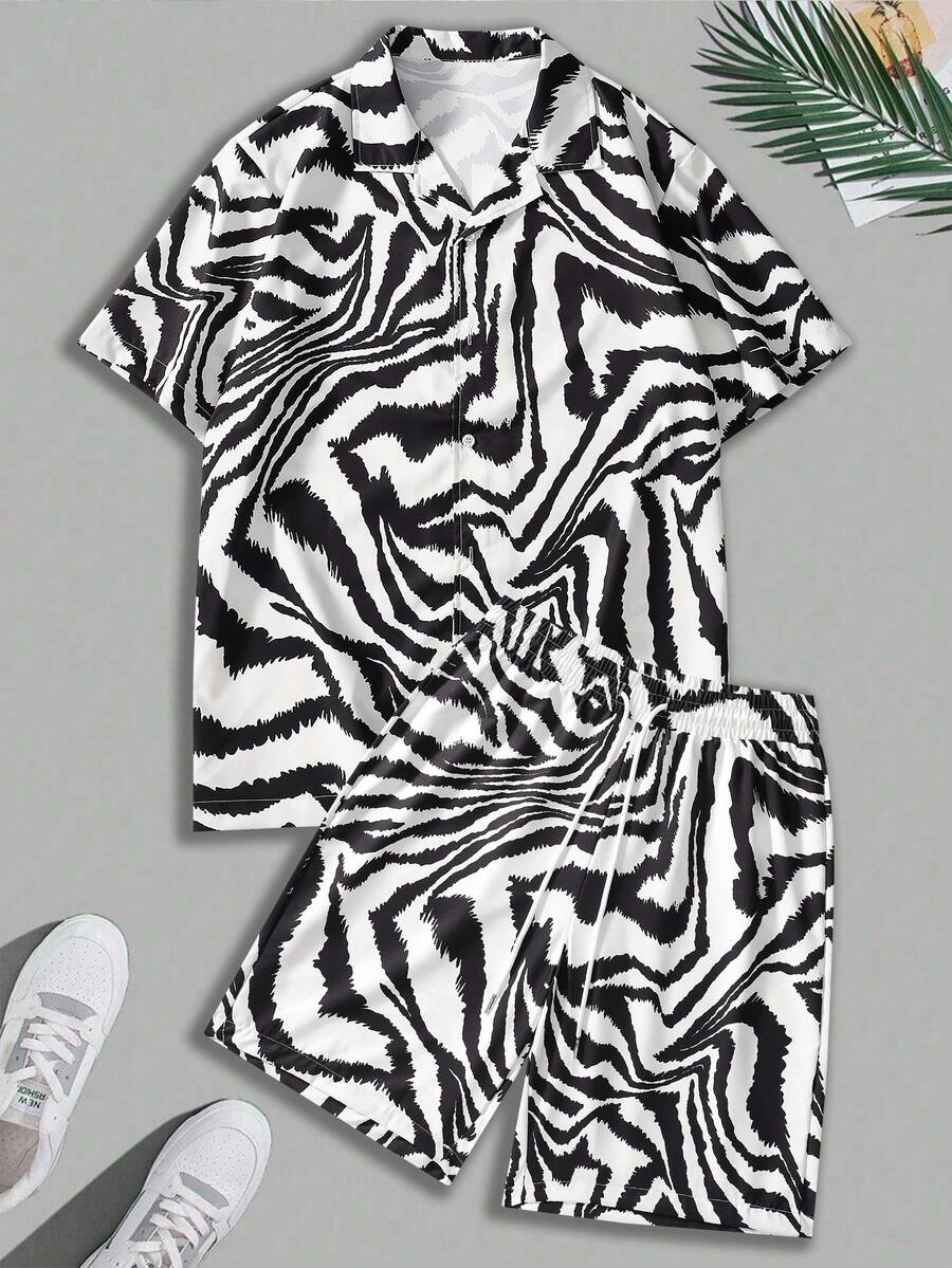 2 件男士休闲条纹印花衬衫和短裤套装，夏季服装