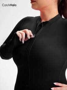 Catch Halo Zip Up 4-Way Stretch Plus Size Bodysuit For Women - Crew Neck & Long Sleeve Jumpsuit With Side Pockets | Tummy Control & Butt Lifting Body Slimming Workout Romper | Breathable Squat Proof Workout Set For Gym, Yoga, Pilate, Running, Cycling (Black, 0XL~2XL)