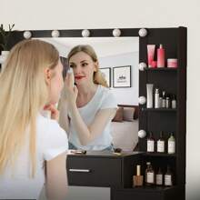 Black Dressing Table Makeup Vanity Desk With LED Lights Mirror, Drawers, Shelves, Storage Cabinets, LED Bulbs Mirror & 3 Color Modes Adjustable Brightness, Large Vanity Makeup Desk For Girls Bedroom, Modern Design Bedroom Furniture