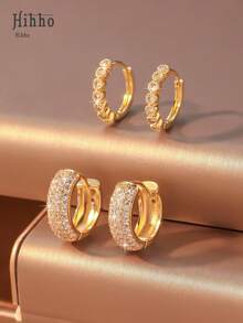 Hihho 2 对时尚方形立方氧化锆环状耳环，适合女性结婚周年纪念订婚派对珠宝、情人节、母亲节礼物 - 金黃色 - 查看 1