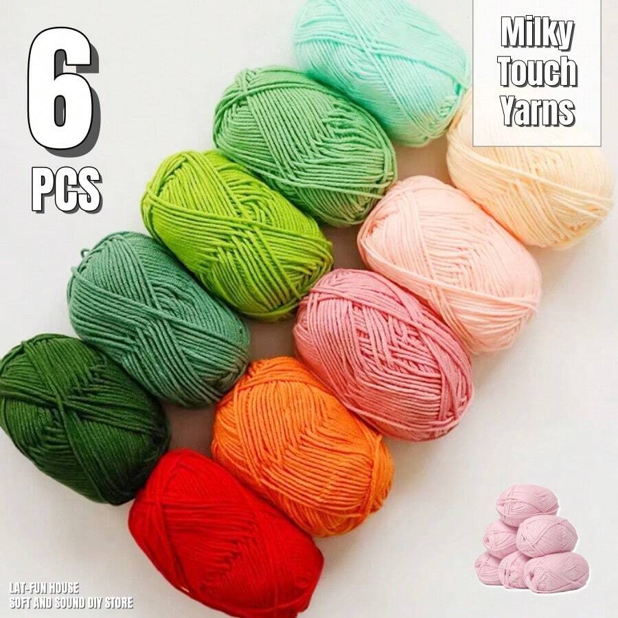 6 Rollen weiche Milchbaumwoll Garn Skeins je 25 Gramm Milchgarn zum Häkeln & Stricken, einfarbige Strickgarne zum Weben von Garn, gehäkeltes Garn Bastelmaterial für DIY Handwerke, Spinnen