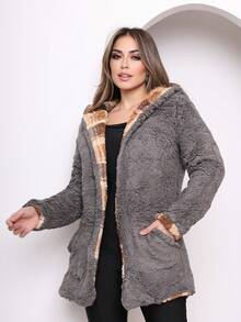 Double-Sided Plush Teddy Coat In Plaid Print With Pocket And Hood - Gris - Ver 4