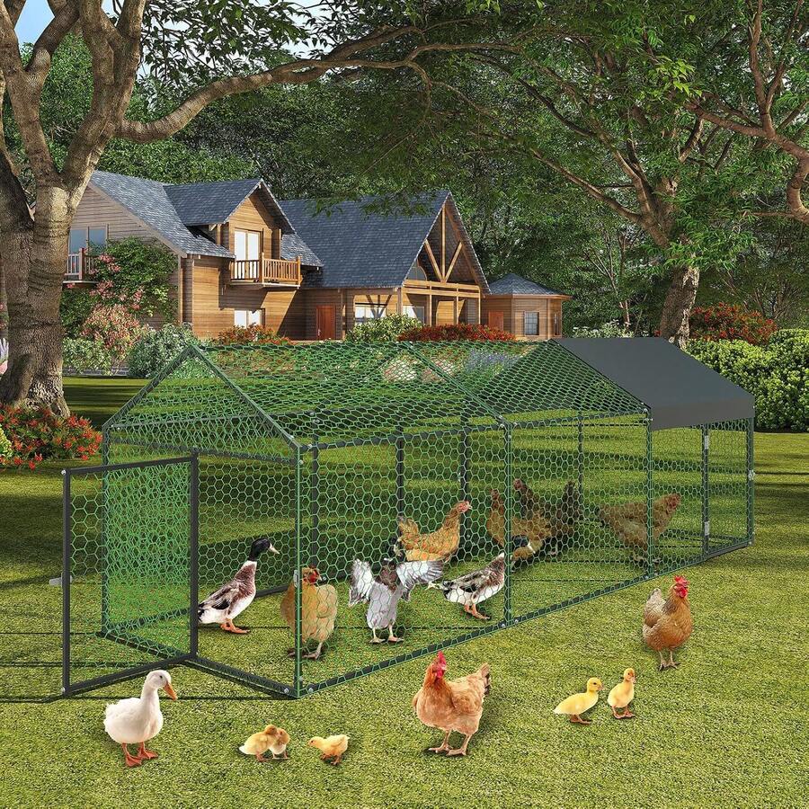 Large Metal Chicken Co Op With Waterproof And Anti-UV Cover, 120" X40" X40" Chicken Run With 3 Doors, Outdoor Hen House For Yard, Walk In Poultry Cage For Rabbit Duck Goose Metal Chicken Co Op, 120" X40" X40" Large Chicken Run With 3 Doors, Chicken Run For Yard With Waterproof And Anti-UV Cover, Walk In Poultry Cage For Rabbit Duck Goose - 黑色 - 查看 1
