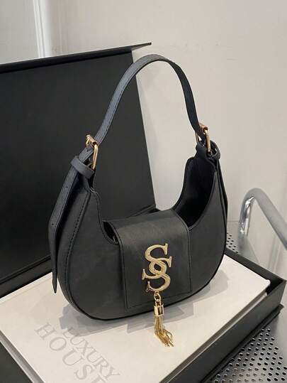 1 件女士纯色新月刺绣翻盖设计纯色磁扣单肩包