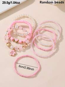 8pcs Girls' Pearl Beaded Heart & Flower Bracelet Set - Multicolor - View 6