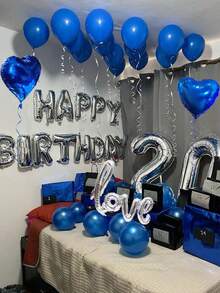 551pcs Blue & Silver Birthday Balloon Kit, 500pcs Non-Woven Fabric Petals, Happy Birthday Banner Letters + Heart Foil Balloons, Dark Aesthetic Party Backdrop, Suitable For Romantic Bedroom Decor, Midnight Surprise Birthday Party Decoration - Multicolor - View 8