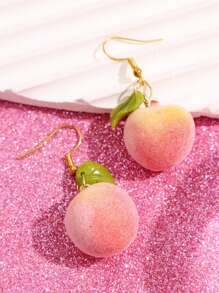 1 对创意有趣独特可爱卡通逼真水果桃子和叶子吊坠耳环，适合女性日常佩戴、节日和派对 - 彩色 - 查看 3