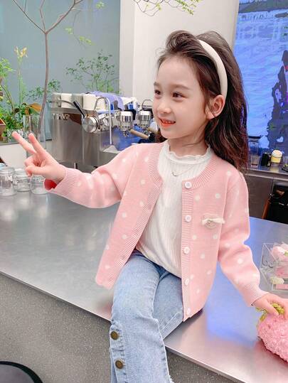 enmi bear Chaqueta de punto con lunares para niña preadolescente, forro térmico casual de manga larga para otoño/invierno