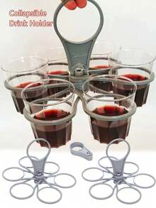 6 槽可折叠饮料架、万圣节礼物、折叠式杯架、6 槽可旋转杯子收纳架、轻便坚固的塑料饮料架，适用于派对、烧烤、露营、野餐等户外活动中的咖啡、葡萄酒、鸡尾酒、露营饮料收纳架、实用派对配件、易握手柄、1 个开瓶器