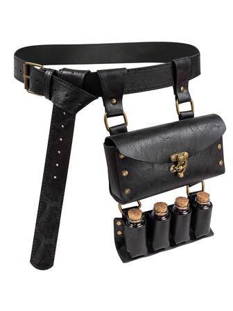 1 件 PU 皮革中世纪骑士腰带袋，带 4 个玻璃魔法瓶，维京人、文艺复兴集市 LARP、蒸汽朋克女巫吸血鬼角色扮演服装道具角色扮演狂欢节派对（不含腰带）、万圣节
