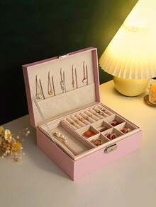 双层珠宝收纳盒，大容量可上锁珠宝盒，PU皮革珠宝收纳盒，适用于项链、耳环、戒指、手表。节日礼物。 - 彩色 - 查看 14