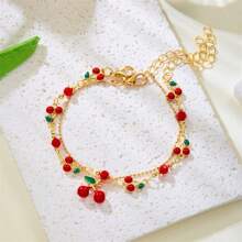 2 pezzi Cavigliera donna con pendente a forma di ciliegia, semplice e alla moda, adatta per uso casual, viaggio, spiaggia, uso quotidiano, elegante e luminosa collana gioiello.