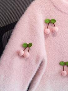 Mädchen süßer Farbverlauf Kirsche Strickpullover, mit Kunstfell gefüttert, geeignet für Alltag, Urlaub, Frühling, Herbst, Winter