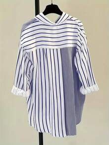 Women's Casual Simple Commuter Striped Patchwork Buttoned Shirt Spring, Summer, Autumn, Winter Top - Blue and White - View 3