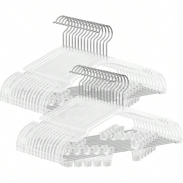 PZWSONGMICS Perchas Para Pantalones Paquete De 30 Perchas De Plastico Transparente 16 X 8.9 Pulgadas Perchas Para Faldas Con Clips Ajustables Muescas Anchas De Hombro Gancho Giratorio De 360° ParaGS2029