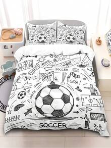 Conjunto de cama com 4 peças de estampa de futebol em preto e branco, estilo desenho animado, inclui 1 capa de edredom + 2 fronhas + 1 lençol, adequado para quarto, hotel, escola, apartamento