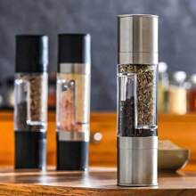 二合一不锈钢盐胡椒研磨器，无需电池 - 盐胡椒研磨器，手动两用研磨器，可从细磨到粗磨调节，非常适合露营或旅行，陶瓷刀片 - 厨房香料研磨器，厨房小工具