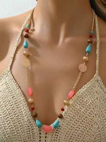 [Crystal Faux Turquoise Boho Necklace] Crystal Natural Wooden Beads Faux Turquoise Decor Necklace Boho Vintage Necklace Jewelry