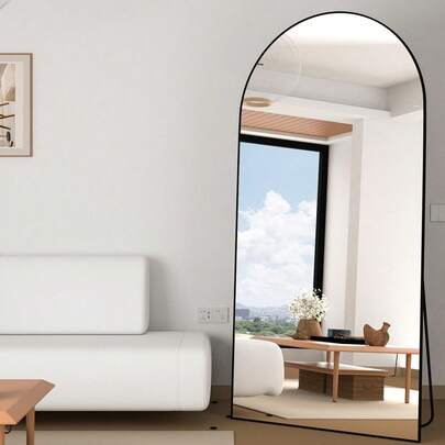Full Length Mirror, 180X80cm Arched Mirror, Floor Mirror With Stand, Full Body Mirror, Hanging Or Leaning Against Wall, Black Standing Mirror Large Bedroom Mirror For Cloakroom