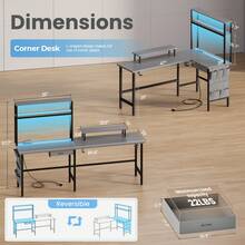 HLDIRECT L Shaped Gaming Desk With LED Light & Power Outlet, Corner Computer Desk With Storage Shelves & Drawer & Bag, Game Table With Hutch Monitor Stand, Home Office - Grey - View 5