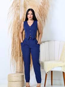 Women's Formal Skinny Pants Tailoring Set - Navy Blue - View 2