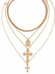 4 Pcs Punk Cross Pendant Necklaces, Layered Women Jewelry Fashion Accessories