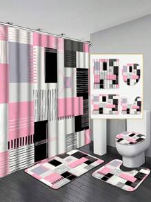1/4pcs Pink Square Pattern Shower Curtain Set, 70.87x70.87inch Shower Curtain With Floor Mat, U-Shaped Mat, Toilet Seat Mat, With 12 Hooks Bathroom Decor