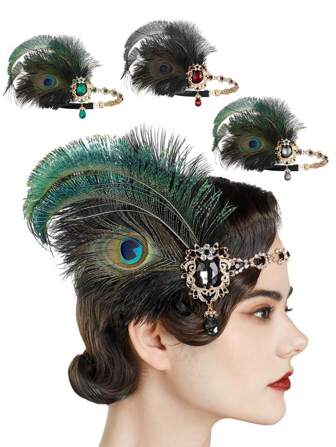 D EXCEED 1 件 20 世纪 20 年代女士仿孔雀羽毛假发，复古轻佻女郎头饰，适合盖茨比晚会、咆哮的 20 年代晚会、复古主题舞会和装饰艺术活动