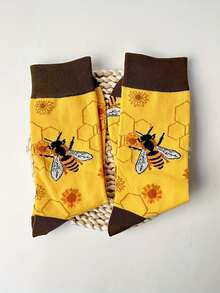 蜜蜂印花男士中筒袜 蜂窝与花卉图案休闲中筒袜 - 彩色 - 查看 3