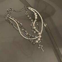 1pc Multi-Layer Pearl Necklace, Delicate Collarbone Chain, Unisex Niche Design Hiphop Couple Sweater Chain - Silver - View 7